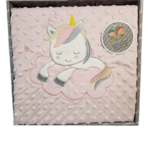 Manta bebé con topitos y unicornio bordado, suave y cómoda